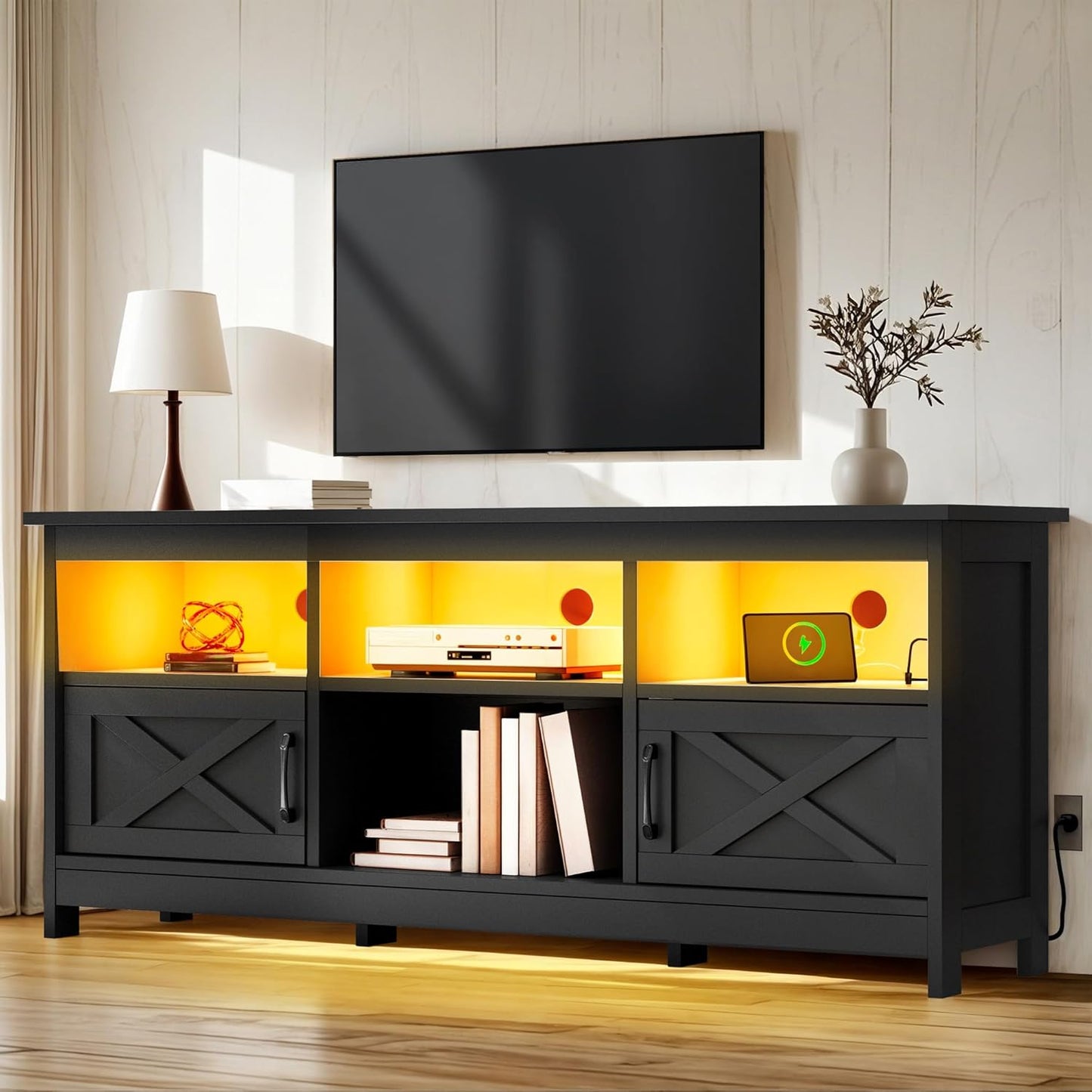 TV Stand for 65 Inch Tvs, Entertainment Center with Storage Cabinets, Power Outlet & LED Light, Media TV Console with Barn Doors for Living Room, Black