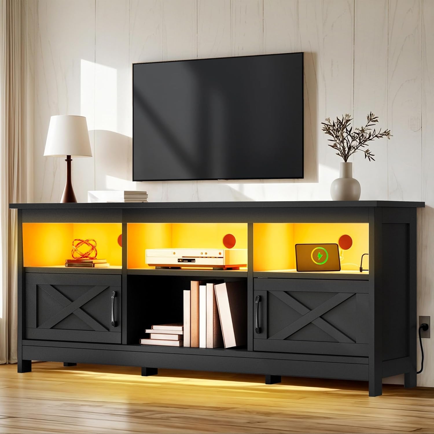 TV Stand for 65 Inch Tvs, Entertainment Center with Storage Cabinets, Power Outlet & LED Light, Media TV Console with Barn Doors for Living Room, Black