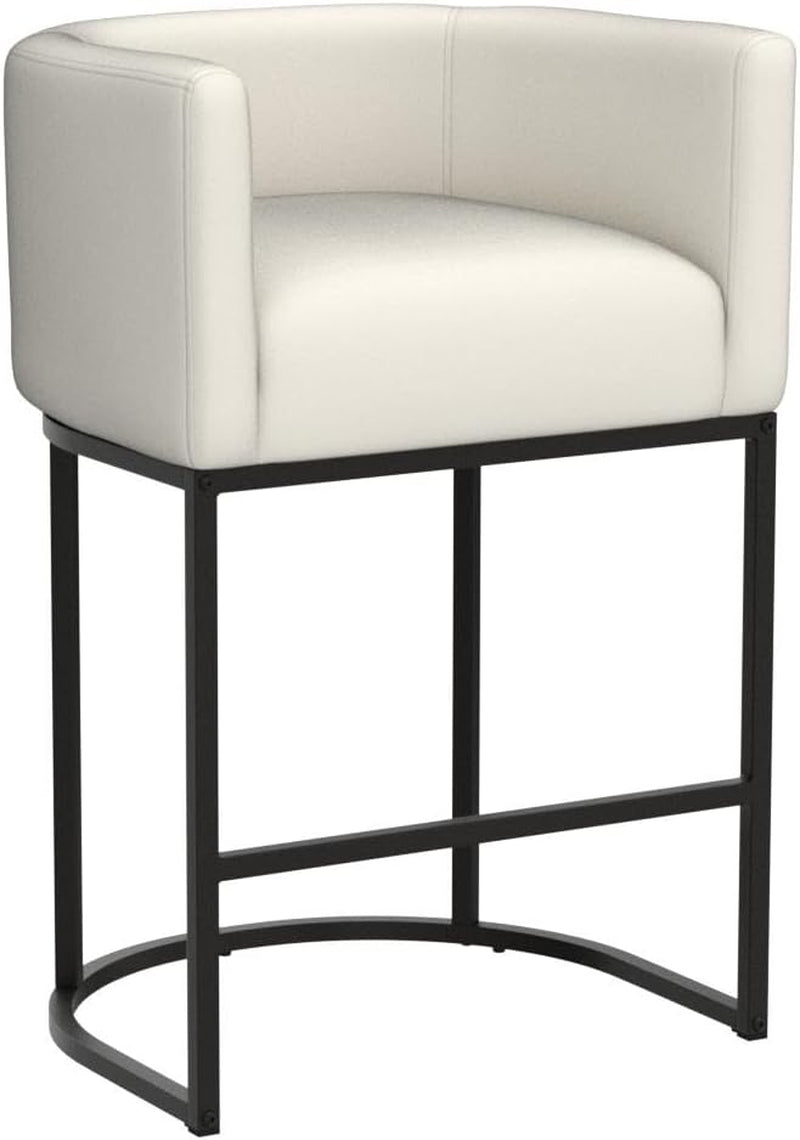 27" H Counter Height Bar Stools Set of 2, Modern Barrel Counter Stools with Backrest and Arms, Black Metal Frames, Linen Fabric Upholstered Accent Barstools for Kitchen Island, Beige