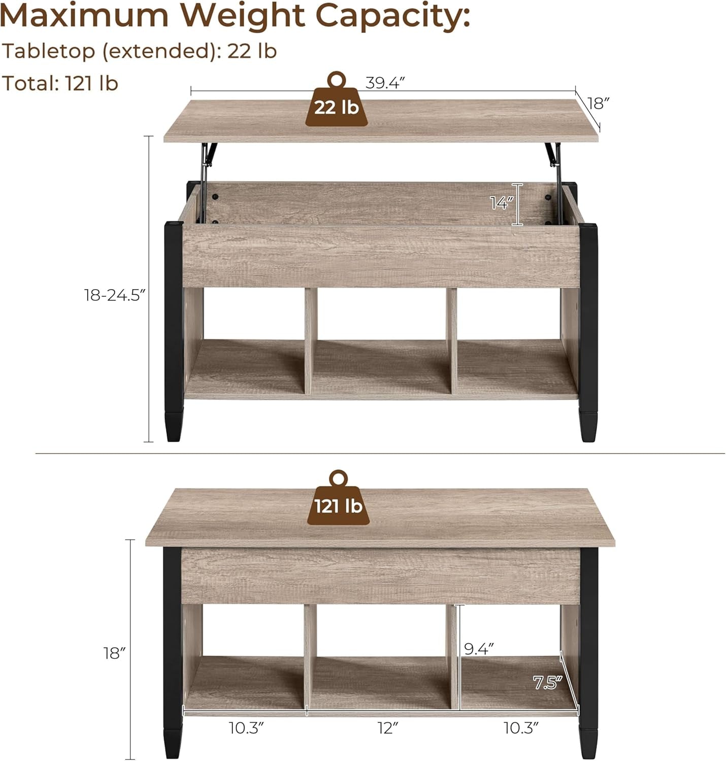 Gray Coffee Table, Lift Top Coffee Table with Hidden Compartment & Shelf, Lift up Dining Table for Living Room Reception, Retro Central Table with Wooden Lift Tabletop, 41 Inch L