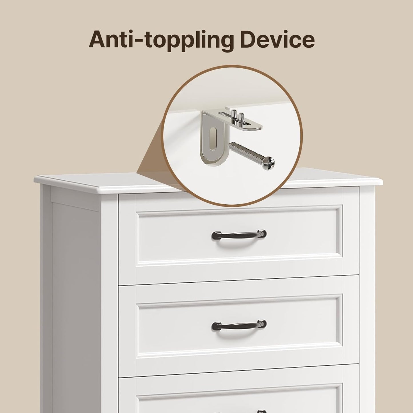 5 Drawer Dresser, White Wood Chest of Drawers for Bedroom, 43.3" Large Capacity Storage Cabinet with Anti-Tip Device, for Clothes, Living Room, Hallway, Office