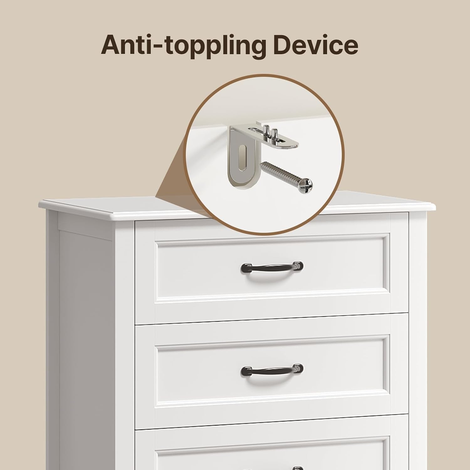 5 Drawer Dresser, White Wood Chest of Drawers for Bedroom, 43.3" Large Capacity Storage Cabinet with Anti-Tip Device, for Clothes, Living Room, Hallway, Office