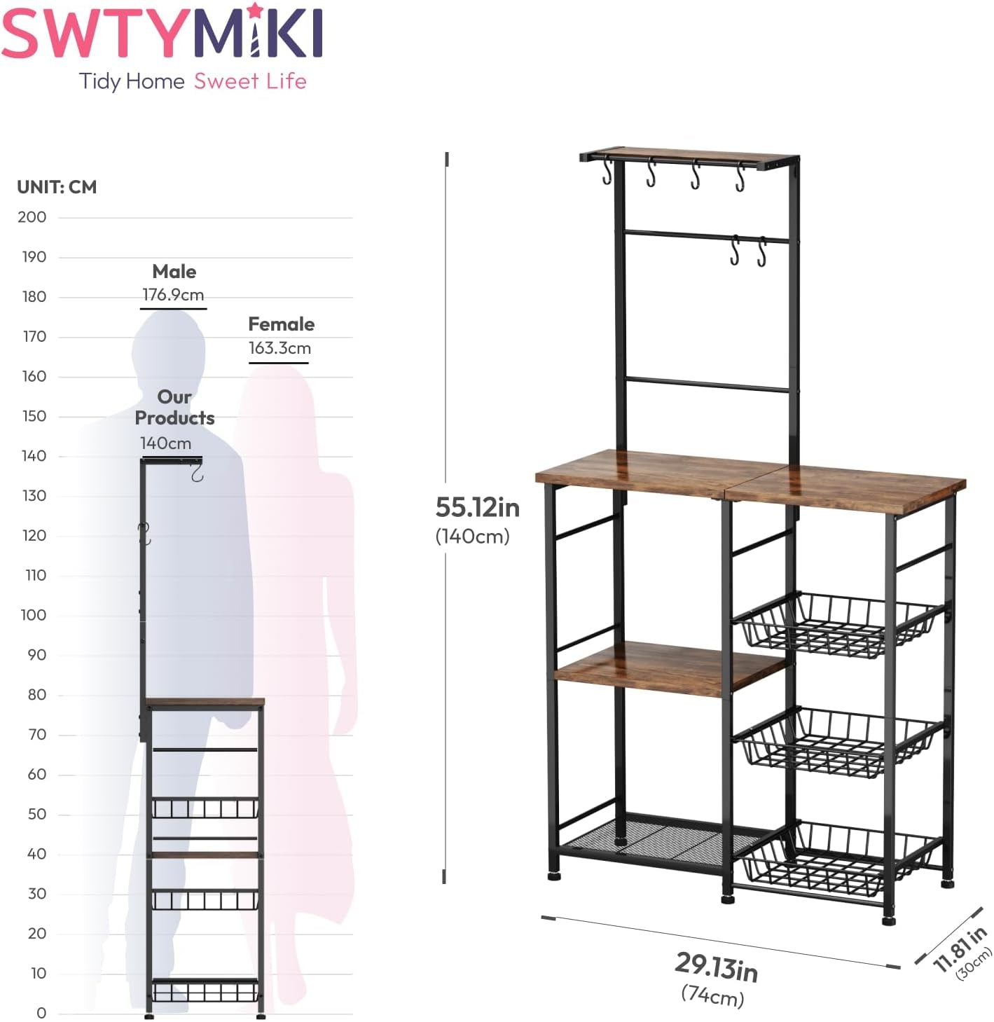 Bakers Rack with Storage - Coffee Bar Cabinet with Shelves, Coffee Station Organizer and Kitchen Stand with 8 Hooks, Baskets, Adjustable Feet for Kitchen Dining Room Pantry, Espresso