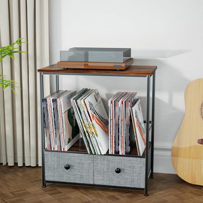 Record Player Stand with Vinyl Storage, 2-Tier Record Shelf Table with Fabric Drawer, Holds up to 110 Vinyl Records, Record Player Table for Turntable and Albums, 23.62"D × 11.81" W× 25.59"H
