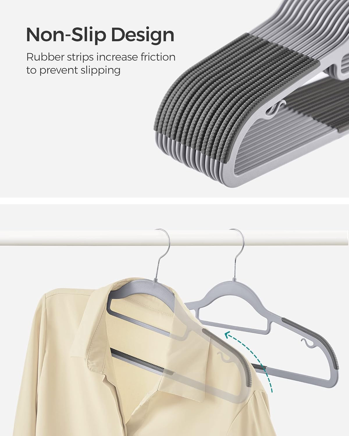 Plastic Hangers and Rubber Coated Wooden Hangers Bundle, Pack of 30 Hangers with Non-Slip Design, 20-Pack Clothes Wood Hangers, Gray, Silver and Black UCRP20G30 and UCRW011B02