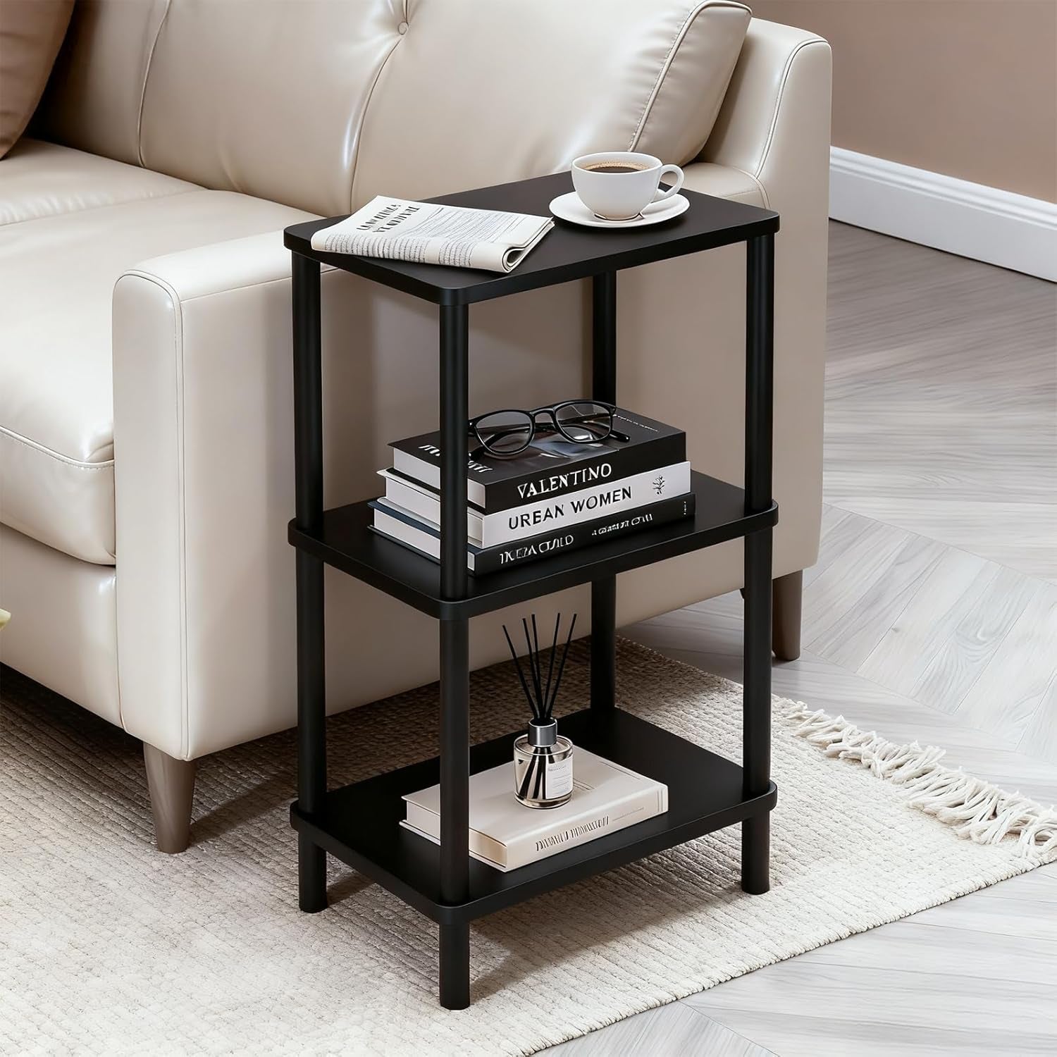 3 Tier Black Side Table ，Small End Table with Solid Wood Legs，28' Tall Bedside Table with Storage Shelf，Nightstand for Small Spaces，Living Room,Bedroom，Bathroom,No Tool Installation