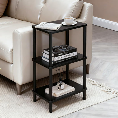 3 Tier Black Side Table ，Small End Table with Solid Wood Legs，28' Tall Bedside Table with Storage Shelf，Nightstand for Small Spaces，Living Room,Bedroom，Bathroom,No Tool Installation
