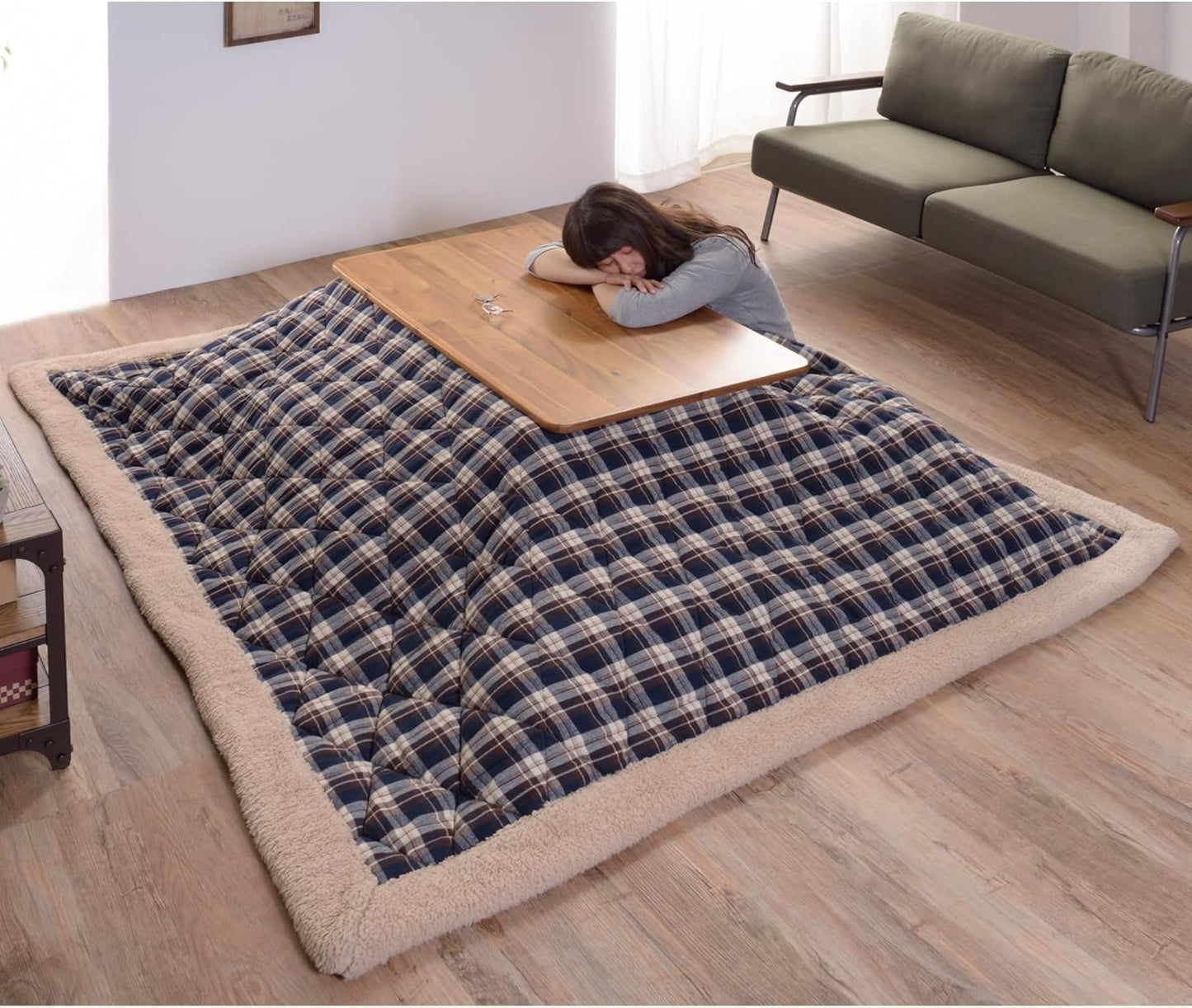 Kotatsu Futon Comforter Square Shape W75 X D75 Inches, Polyester Fabric Material, Home and Living, Navy Checked Design KK-103BL, This Order Comes Only Futon Comforter