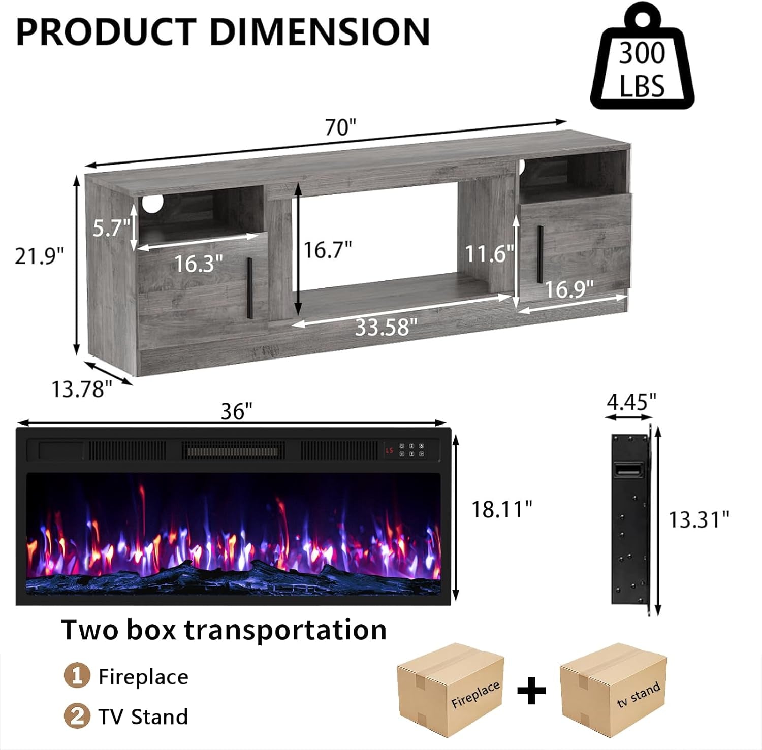 Fireplace TV Stand with 36" Fireplace up to 80" Tvs,70" Entertainment Center with LED Lights,Remote Control,Tv Media Console with Storage Cabinets for Living Room, Gray