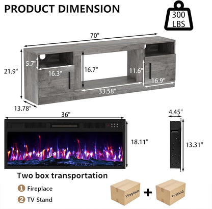 Fireplace TV Stand with 36" Fireplace up to 80" Tvs,70" Entertainment Center with LED Lights,Remote Control,Tv Media Console with Storage Cabinets for Living Room, Gray