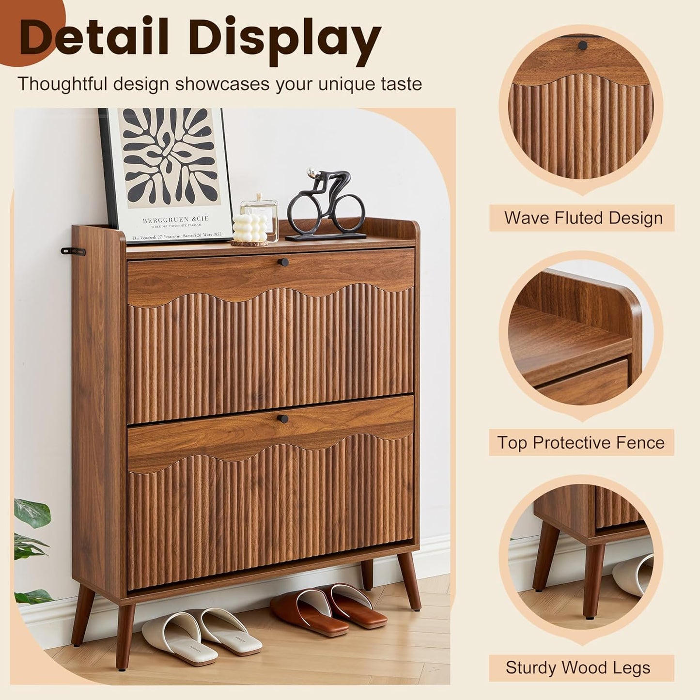 31.5" Fluted Shoe Storage Cabinet with 2 Flip Drawers, Narrow Shoe Storage Organizer Rack with Wave Door for Entryway, Hallway, Living Room