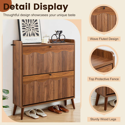 31.5" Fluted Shoe Storage Cabinet with 2 Flip Drawers, Narrow Shoe Storage Organizer Rack with Wave Door for Entryway, Hallway, Living Room