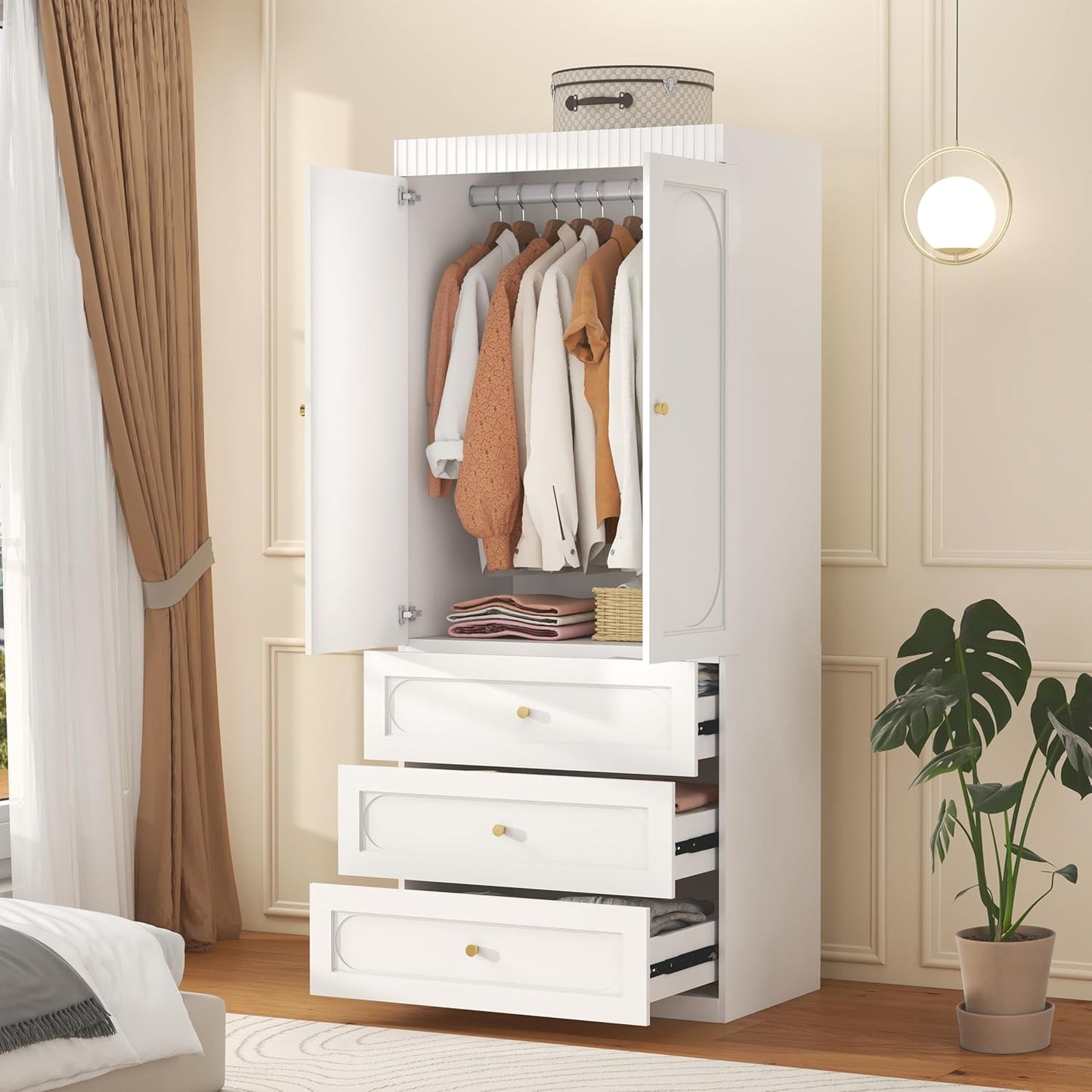 Wooden Wardrobe Closet with Doors: 75" Tall White Armoire Wardrobe Closet with 3 Drawers and 2 Doors, Modern Clothes Cabinets for Bedroom Armoires with Hanging Rod (3-Drawers, 31.5")