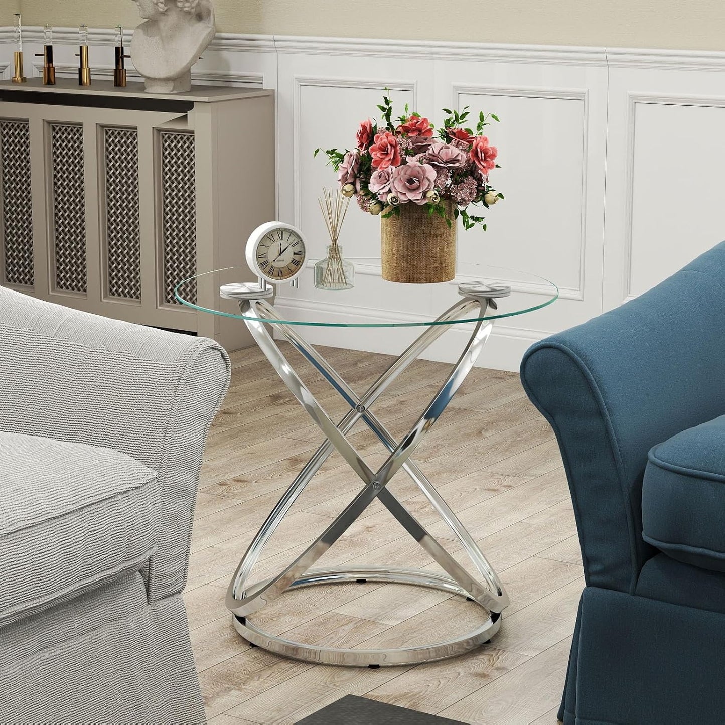 Glass round End Table, Modern Contemporary Side Table for Small Space with Tempered Glass Tabletop for Living Room, Chrome Finish