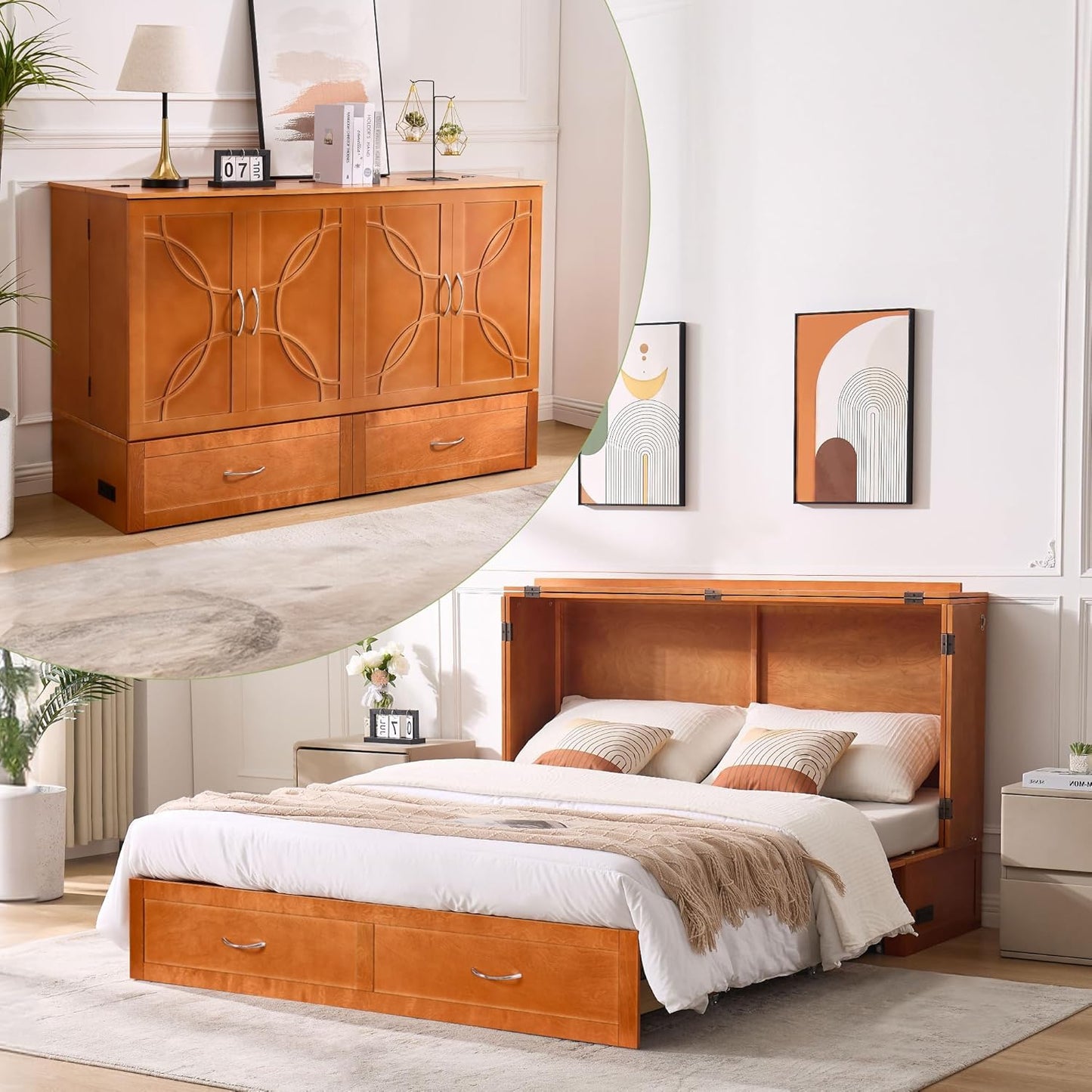 Queen Murphy Bed with Mattress Included, Murphy Bed Cabinet with Drawers and Charging Station for Small Spaces, Home Offices (Circular Pattern, Cherry)