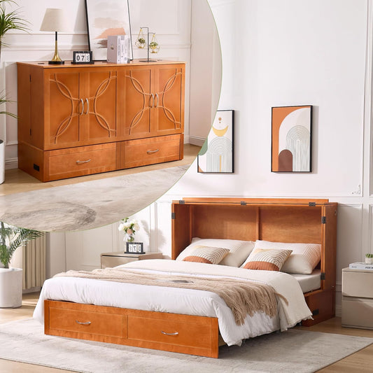 Queen Murphy Bed with Mattress Included, Murphy Bed Cabinet with Drawers and Charging Station for Small Spaces, Home Offices (Circular Pattern, Cherry)
