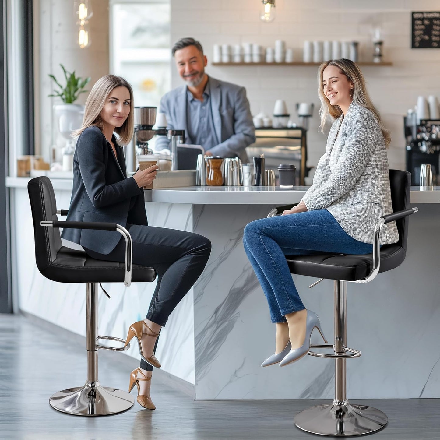 Bar Stools Set of 2, PU Leather Adjustable Swivel Barstools, Hydraulic Kitchen Counter Height Bar Chairs with Armrest and Back for Kitchen, Dining Room, Black