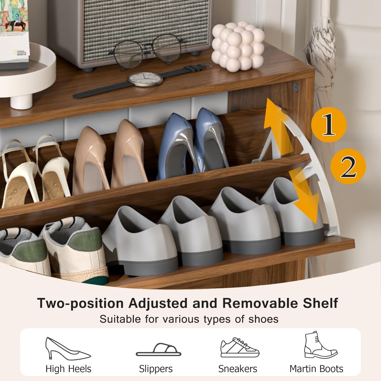 Shoe Storage Cabinet for Entryway with 2 Flip Drawers, Narrow Wood Shoe Cabinet with Fluted Panel, Freestanding Hidden Shoe Organizer for Foyer, Hallway (Walnut)