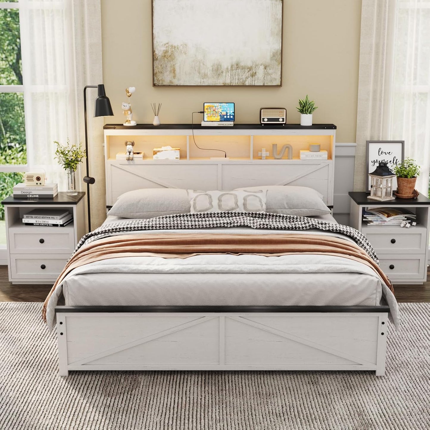 Farmhouse Queen Size Bed Frame with 48" Tall Storage Headboard, Wood Bedroom Platform Bed Frame No Box Spring Needed, 4 Storage Drawers Underneath, Adjustable LED Lights, Charging Station