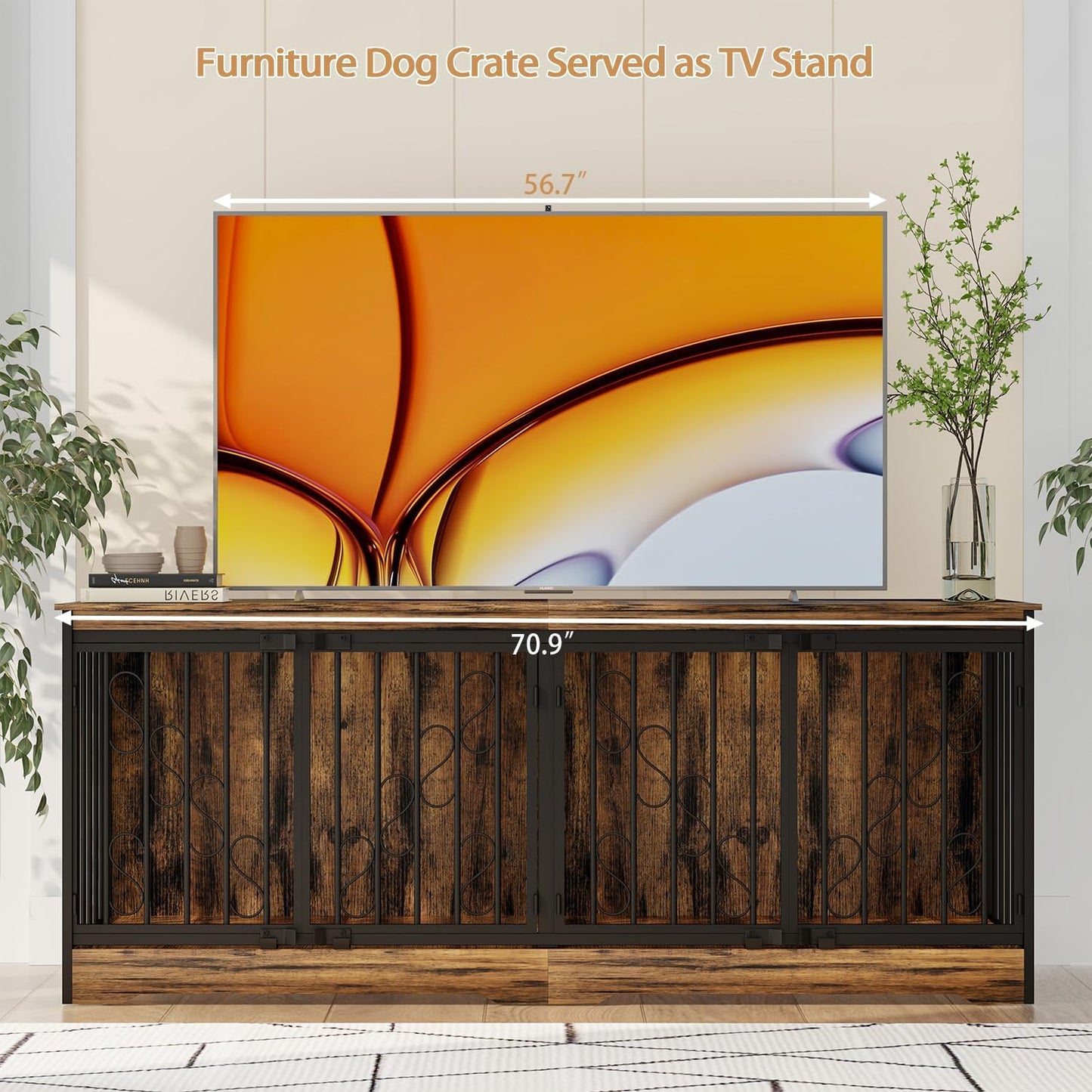 71 Inch Dog Crate Furniture for 2 Dogs, Extra Large Double Dog Cage Large Breed, Heavy Duty Wooden Dog Kennel Furniture TV Stand, Sturdy Dog Kennel with Divider for Large Dogs, White
