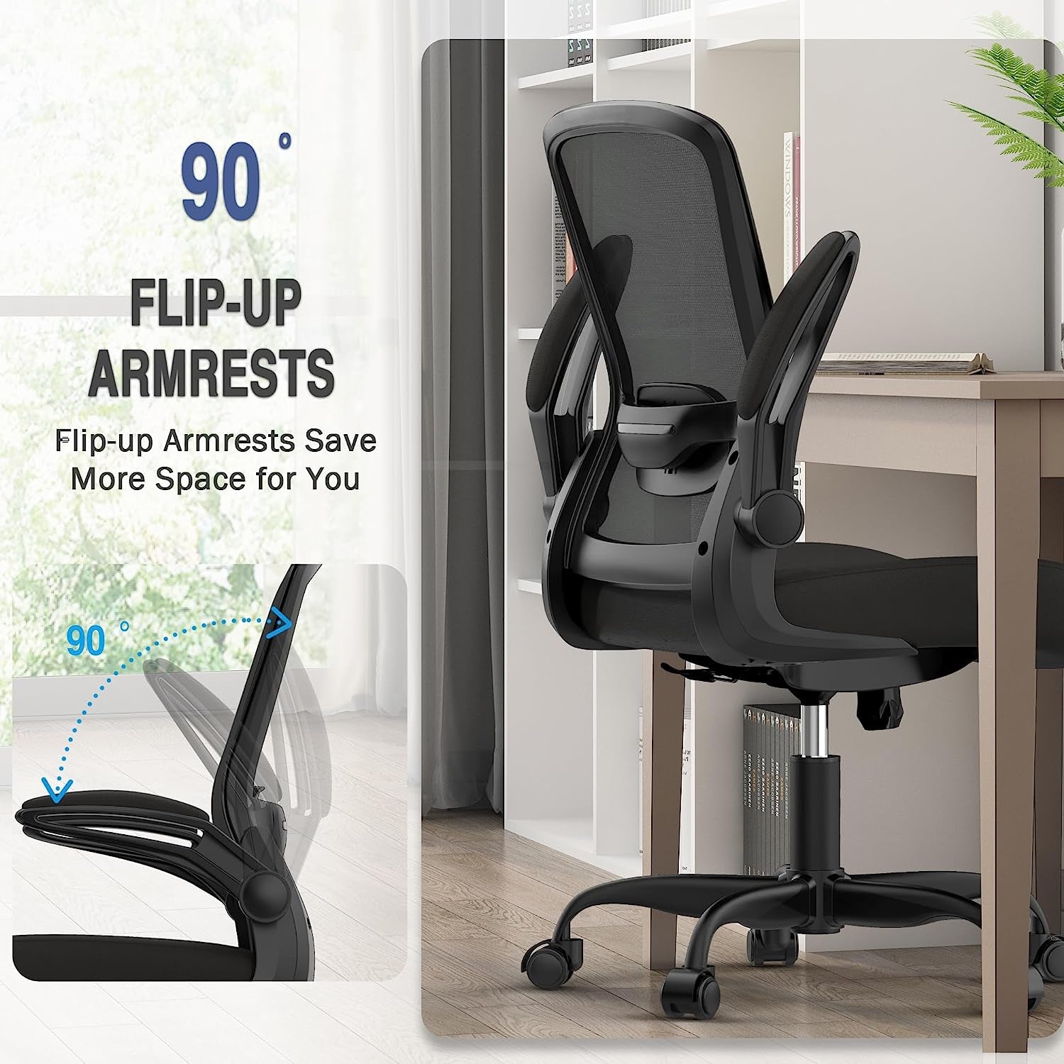 Ergonomic Office Chair - BIFMA Certified, Flip-Up Armrests & 135° Recline, Adjustable Lumbar Support - Space-Saving Task Chair for Business/Team Office & Home (Black, 300Lbs)