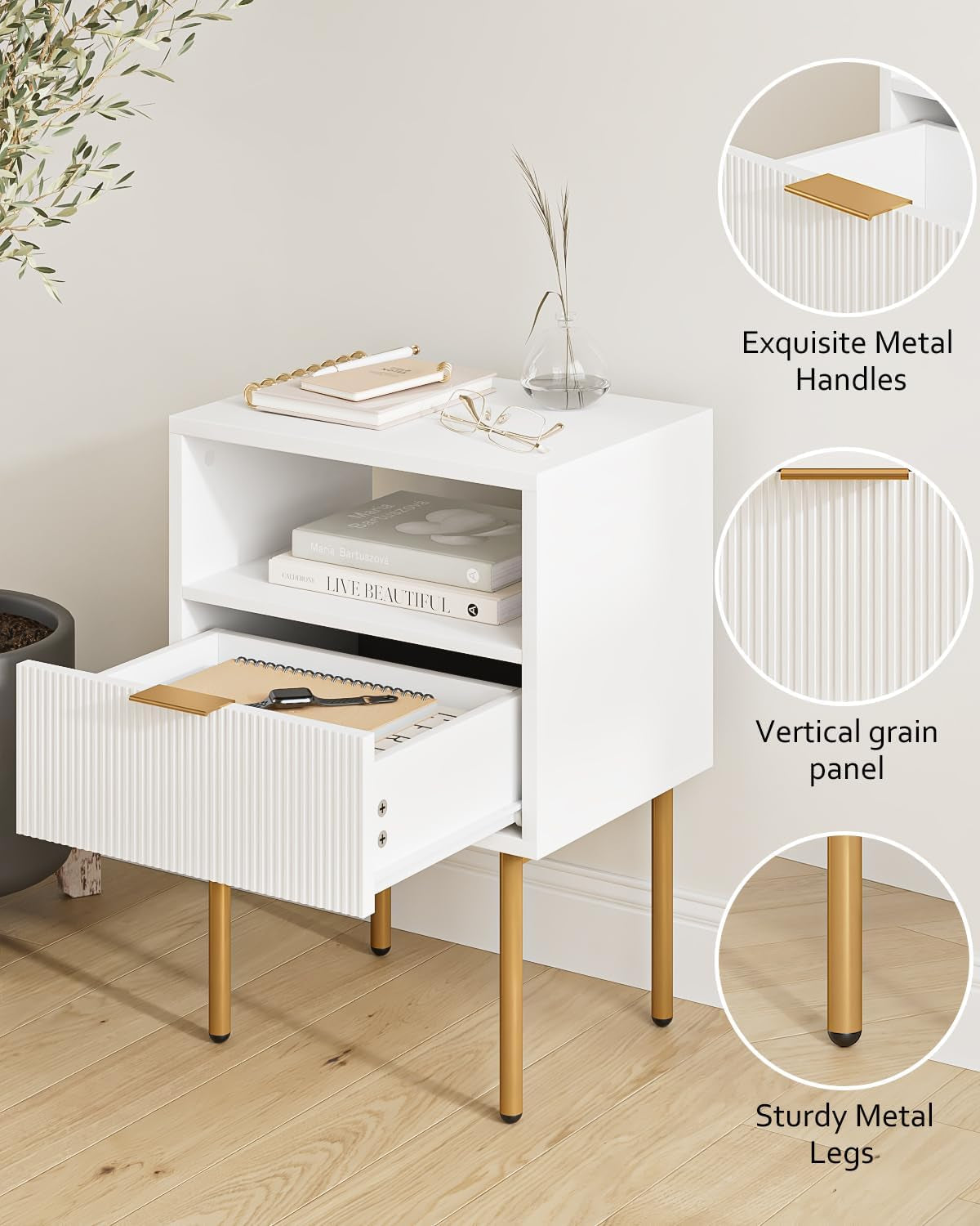 Nightstand,Mid-Century Modern Bedside Table with Storage Drawer and Open Wood Shelf,Small Gold Frame Side Table for Bedroom,Living Room,White