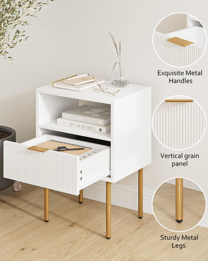 Nightstand,Mid-Century Modern Bedside Table with Storage Drawer and Open Wood Shelf,Small Gold Frame Side Table for Bedroom,Living Room,White