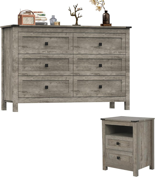 Farmhouse Bedroom Furniture Set, Rustic Wood Double Dresser Chest of Drawers. 6-Drawer Chest of Drawers Wide Storage Organizer Cabinet for Bedroom, Living Room, 1Pc Dresser+1Pc Nightstand