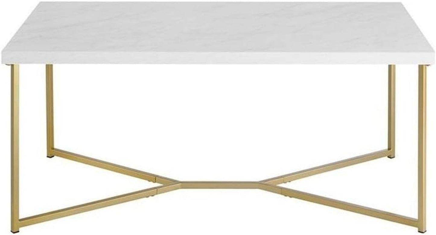 Mid Century Modern Marble Gold Rectangle Coffee Table Living Room Accent Ottoman Storage Shelf, 42 Inch, Marble and Gold