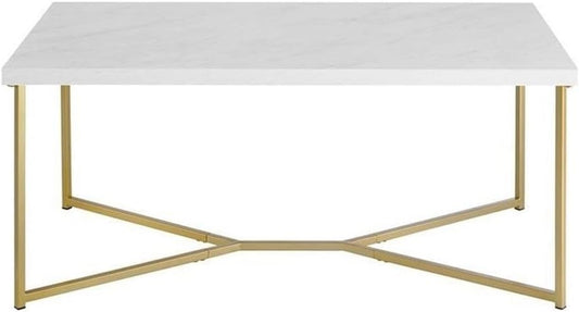 Mid Century Modern Marble Gold Rectangle Coffee Table Living Room Accent Ottoman Storage Shelf, 42 Inch, Marble and Gold