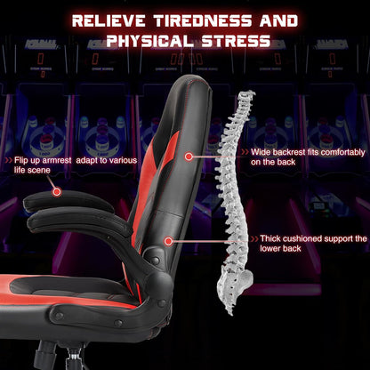 Ergonomic Computer Gaming Chair with Flip-Up Armrest, Height Adjustable PU Leather Home Office Desk Chair with Lumbar Support Swivel Wheels and for Adults and Kids, Scarlet Red