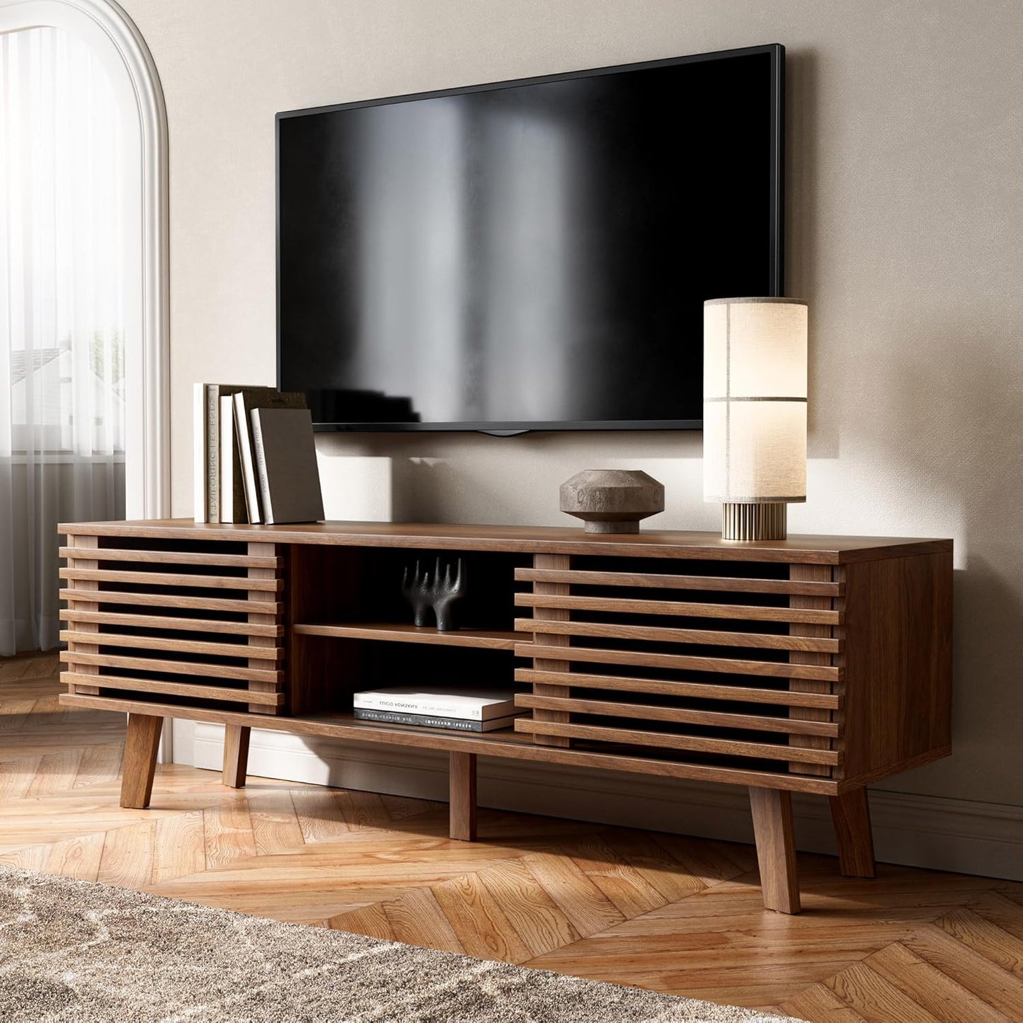 Living Room Table Sets of 2, Mid Century Coffee Table and TV Stand, Wood Coffee Table with Storage, Modern TV Stand for Bedroom, Living Room, Walnut