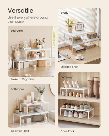 Spice Racks, Set of 2 Expandable Kitchen Countertop Shelves, Small Cupboard Organizers, Metal, Space-Saving Tabletop Shelves, Matte White UKCS402W01