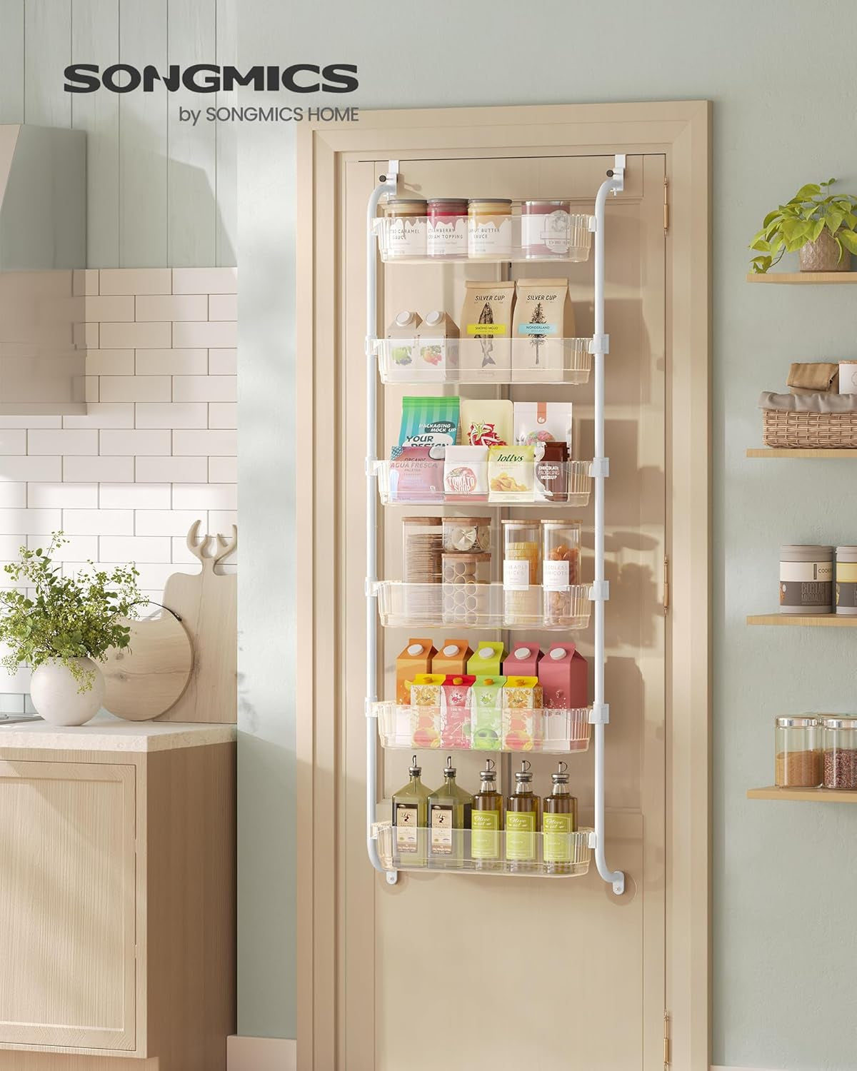 over the Door Pantry Organizer, 6-Tier Kitchen Pantry Door Organizer with Adjustable Tall Baskets, Hanging Spice Rack, for Bedroom Bathroom Laundry Room, Transparent UKCS046WG01