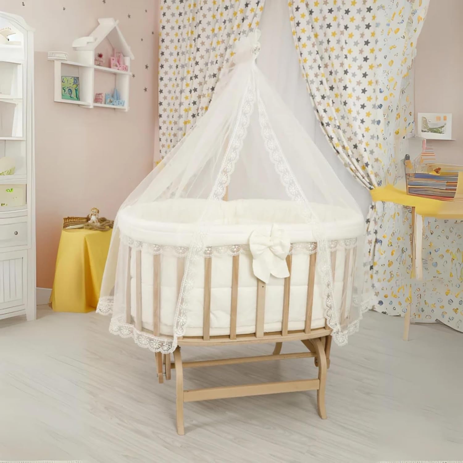 Wooden Baby Bassinet with Canopy, Natural Beech Cradle with Rocking & Locking Function, Includes 100% Cotton Bedding Set, Mattress, Pillow, Bumper, Mosquito Net, Baby Crib for Newborn to 24 Months