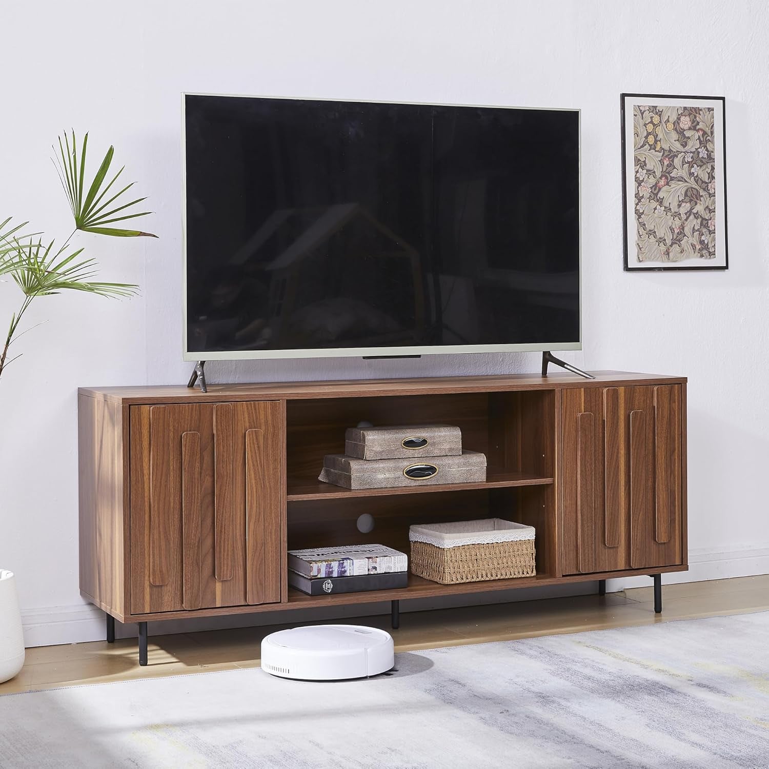 TV Stand for 65" 60" Tvs, Mid-Century Modern TV Stands for Living Room, Fluted Entertainment Center with Storage Cabinet & Open Shelf, Wood TV Console Media Cabinet, Walnut