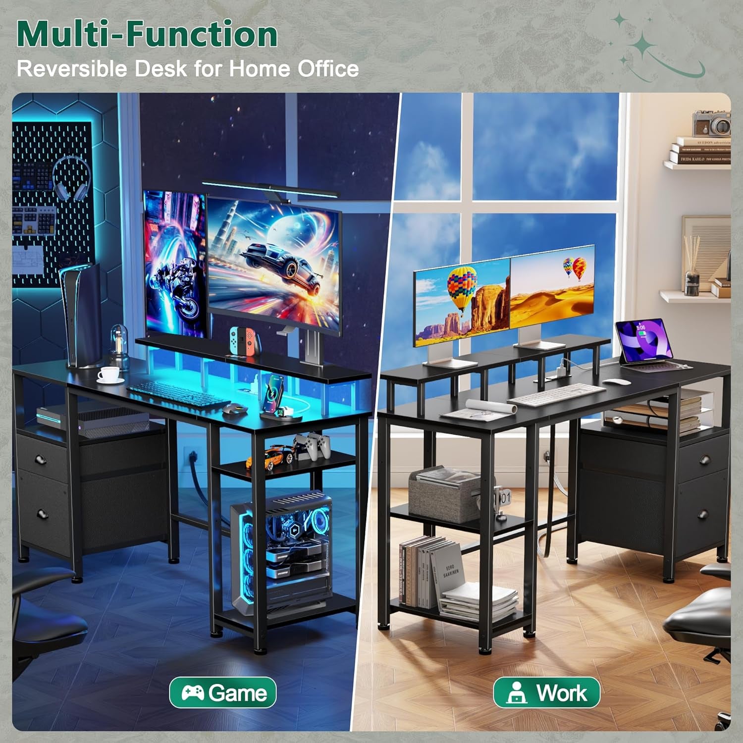 51" Gaming Desk with Power Outlets & LED Lights, Reversible Computer Desk with File Cabinet & Monitor Stand for Home Office, Large Work Table with Storage Shelves & Drawer, Black