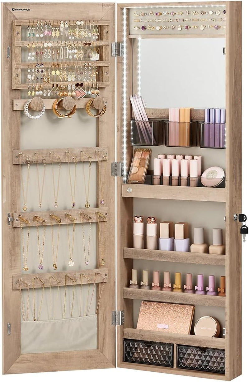 Mirror Jewelry Cabinet Armoire Organizer, Wall or Door Mount Storage Cabinet with Full-Length Frameless Lighted Mirror, Built-In Makeup Mirror, 2 Drawers, Lockable, Rustic Brown UJJC013X01