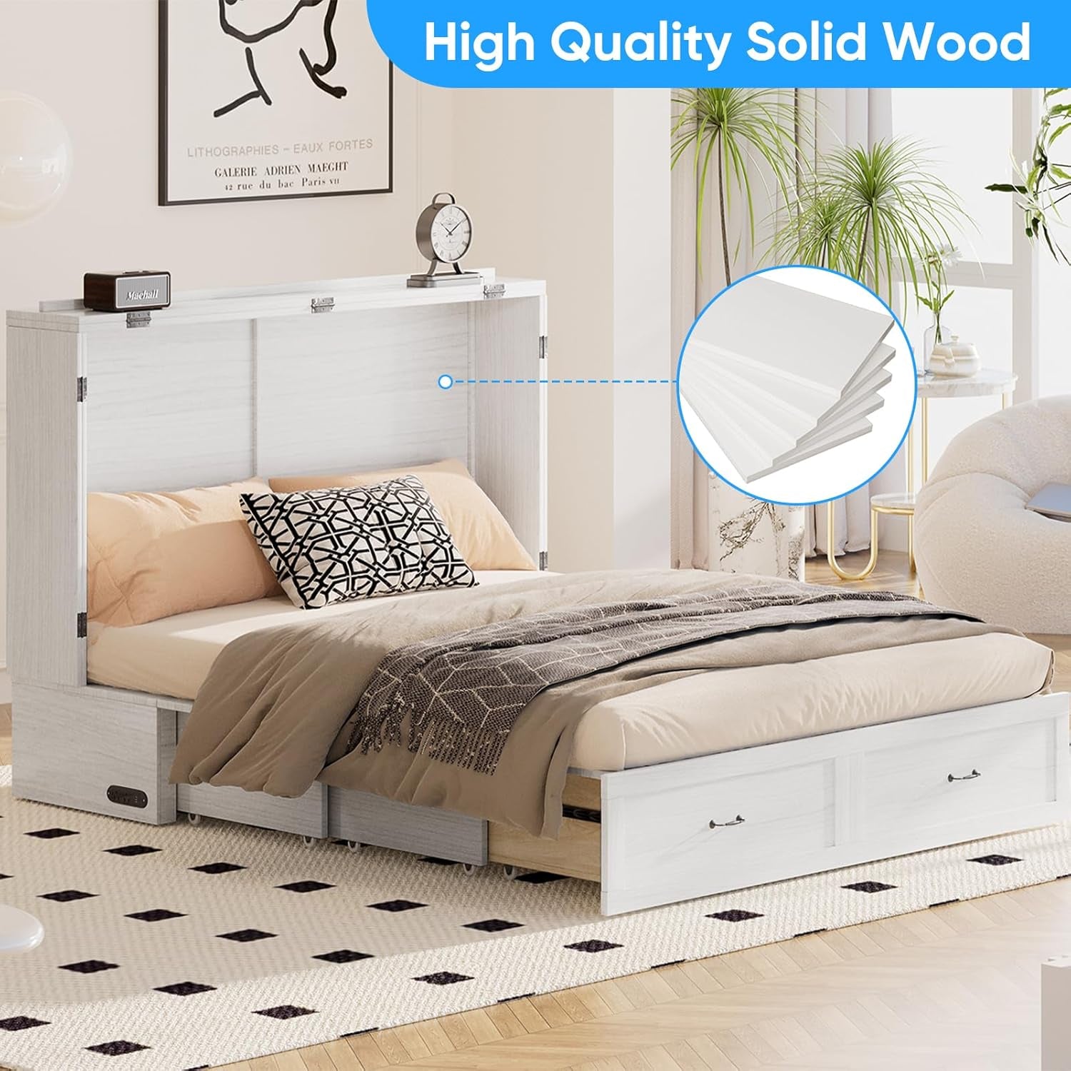 63" W Murphy Bed with Tri-Folding Mattress, Queen Cabinet Bed with Built-In Charging Station & Drawer Storage for Living Room, Apartment, Office, Home, Bedroom, White