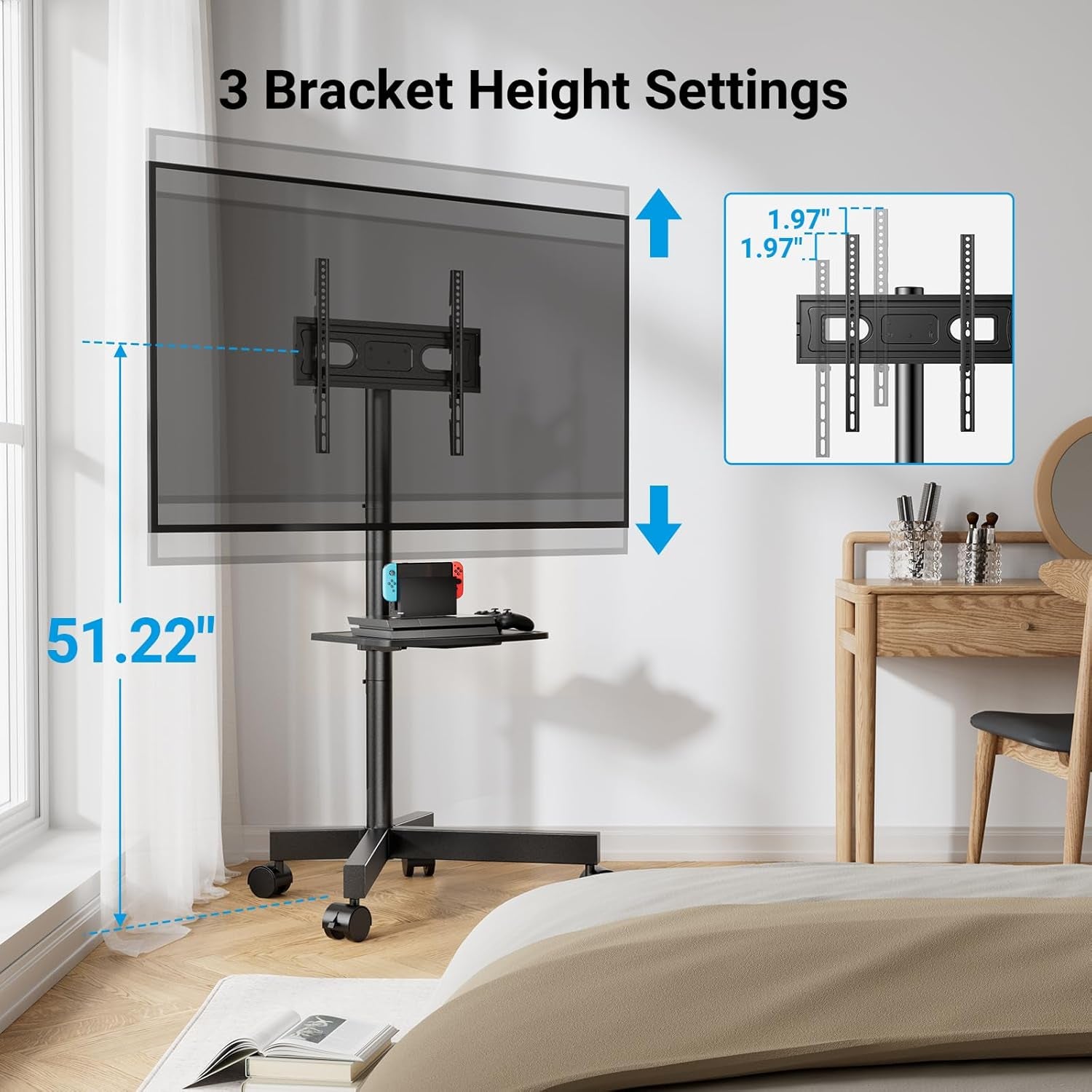 Mobile TV Stand for 23-60 Inch LCD LED Flat/Curved Screen Tvs, Tilt TV Cart Holds up to 88Lbs, Portable TV Stand with Laptop Shelf, Rolling TV Floor Stand Max VESA 400X400Mm (PSTVMC06)