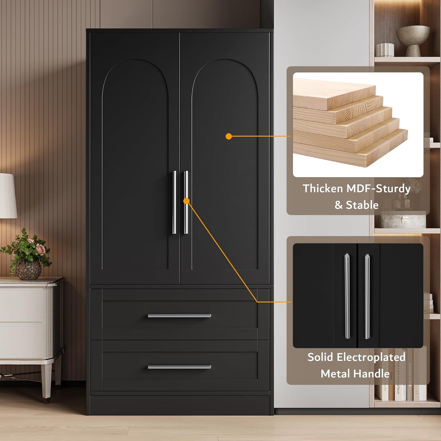 Wooden Armoire Wardrobe Closet with 2 Drawers, Clothing Storage Cabinet with Shelves Aluminum Hanging Rod, Wardrobe Storage with Strong Door Closure, Modern Bedroom Clothing Armoires, Black