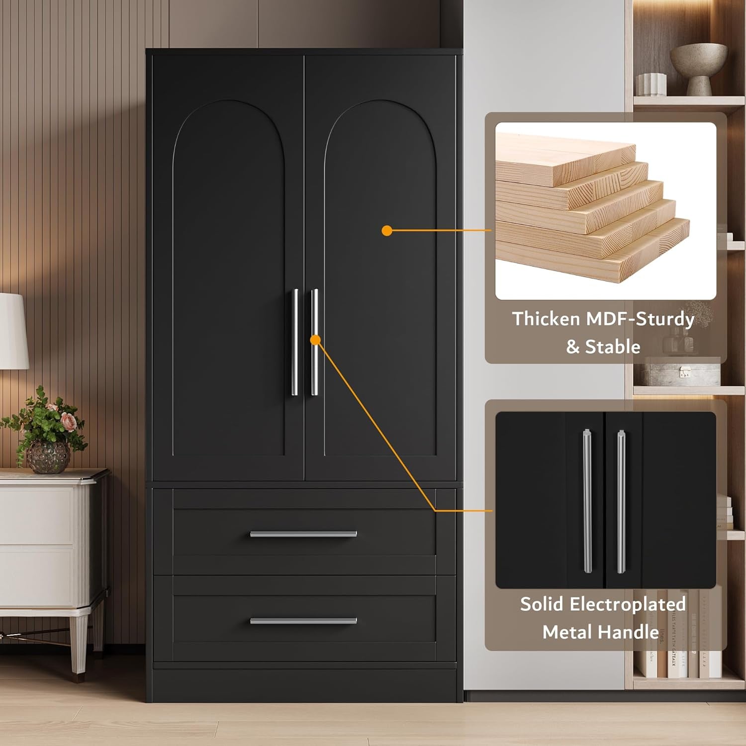 Wooden Armoire Wardrobe Closet with 2 Drawers, Clothing Storage Cabinet with Shelves Aluminum Hanging Rod, Wardrobe Storage with Strong Door Closure, Modern Bedroom Clothing Armoires, Black
