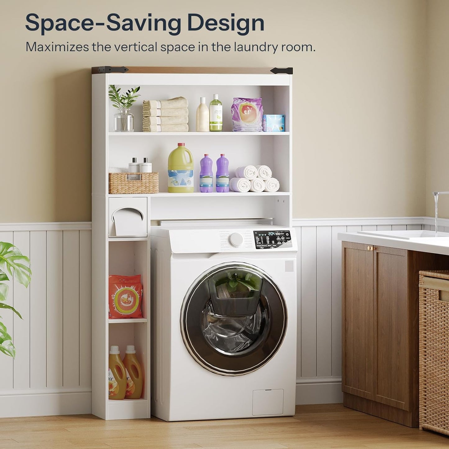 Over-The-Toilet Storage Rack, 3-Tier Freestanding Bathroom Shelves, Wooden Bathroom Organizer with Toilet Paper Holder, Farmhouse Space Saver, Laundry Room, White and Walnut WH20TS01