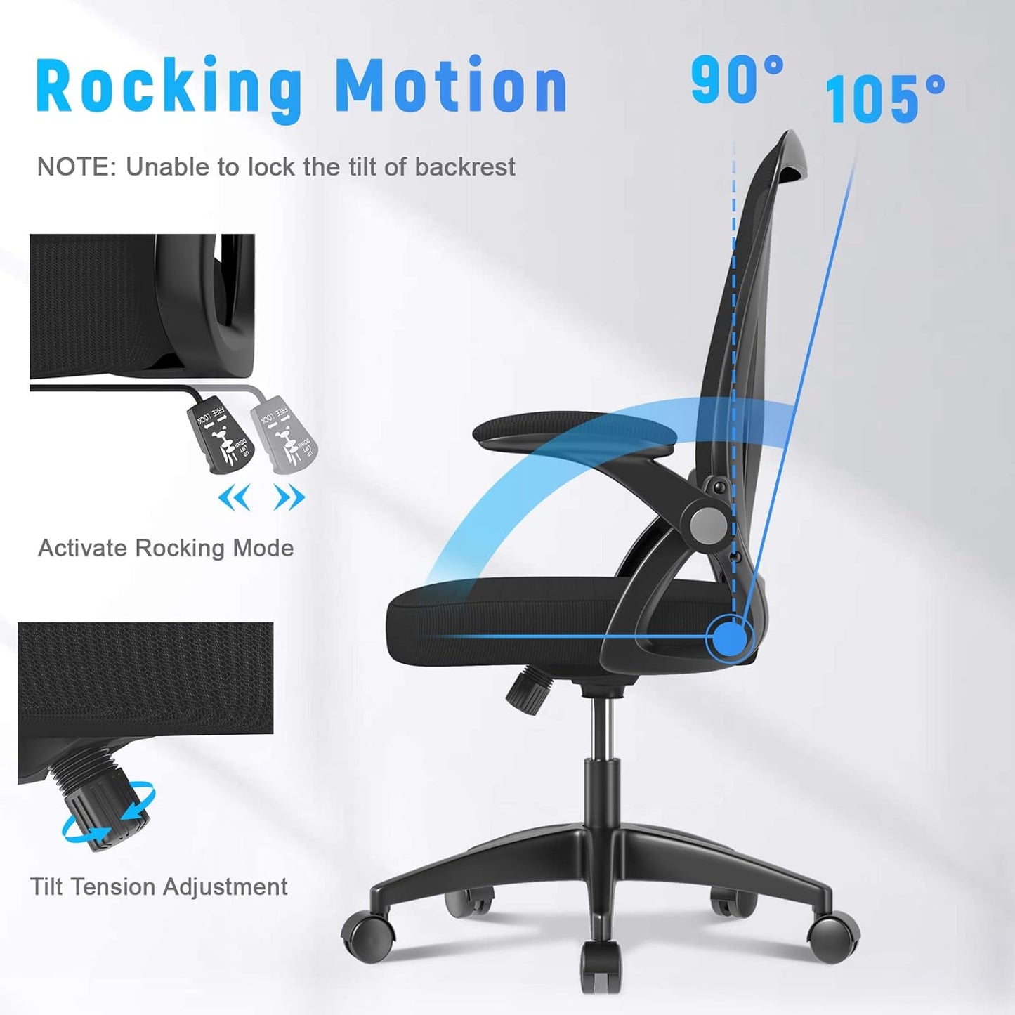 Ergonomic Office Chair, Mid Back Desk Chairs with Adjustable Height, Swivel Chair with Flip-Up Arms and Lumbar Support, Breathable Mesh Computer Chair for Home/Study/Working, Dark Black