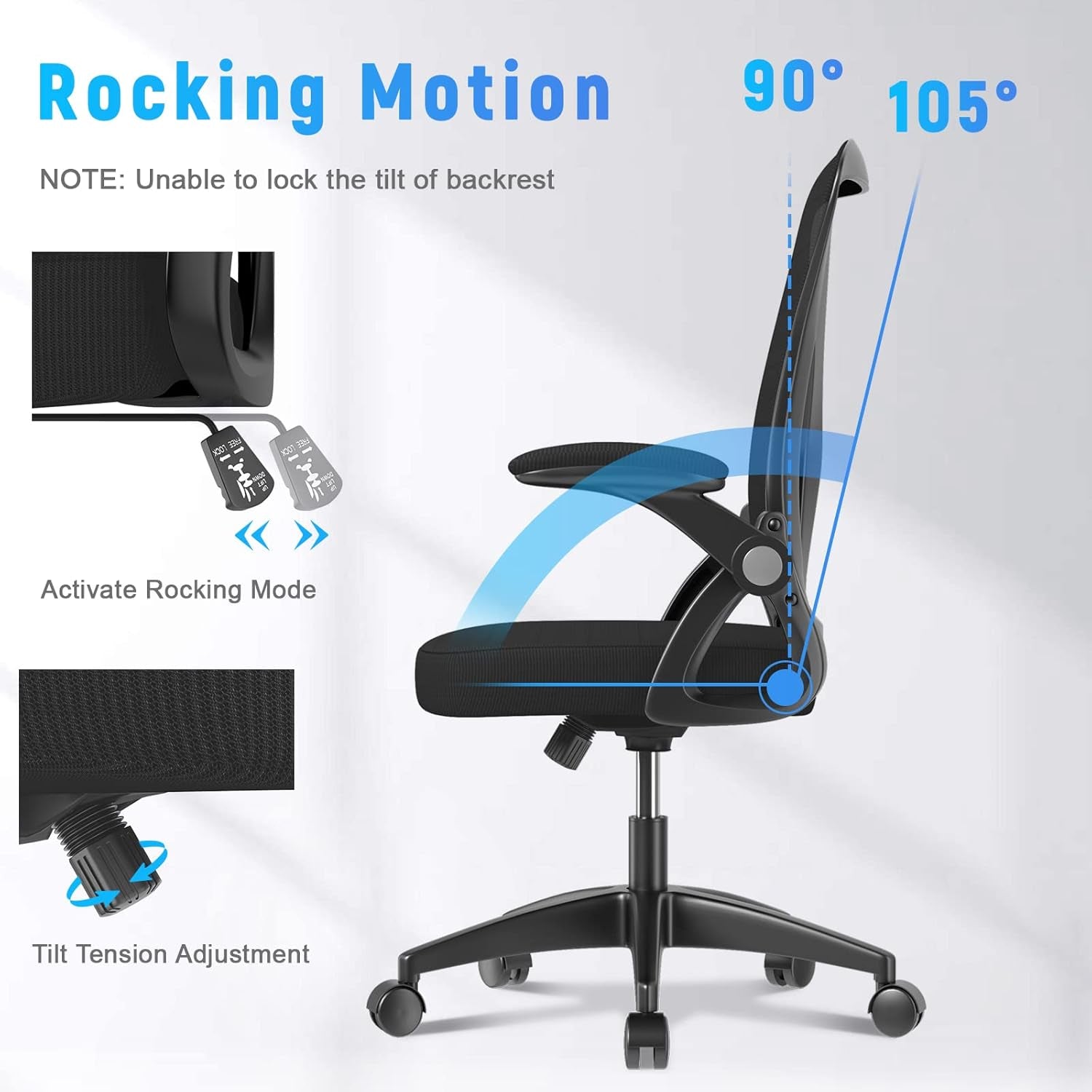 Ergonomic Office Chair, Mid Back Desk Chairs with Adjustable Height, Swivel Chair with Flip-Up Arms and Lumbar Support, Breathable Mesh Computer Chair for Home/Study/Working, Dark Black