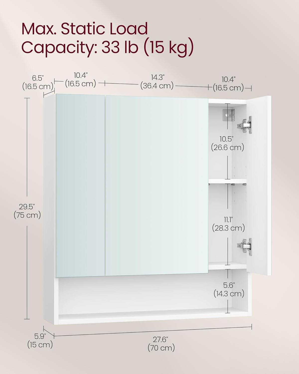 KAILYN Collection - Medicine Cabinet Mirror, Bathroom Wall Mirror Cabinet with Storage, Open Compartment, Adjustable Shelves, 6.5 X 35.4 X 29.5 Inches, Cloud White UBBK130W01