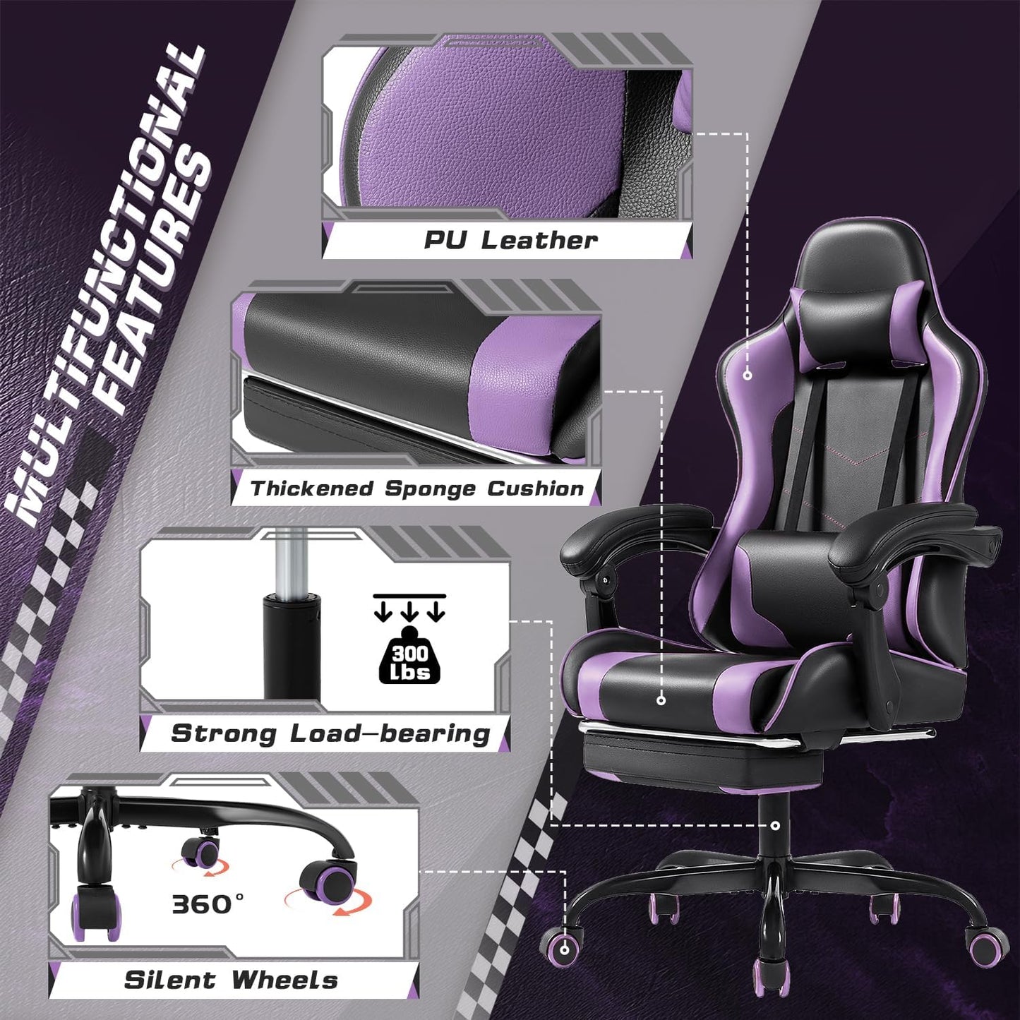 Gaming Chair with Footrest and Massage Lumbar Support, Computer Chairs, Video Racing Seat Height Adjustable with 360°Swivel and Headrest for Office or Bedroom, Purple