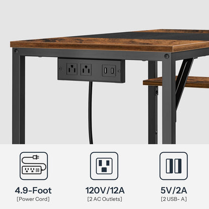 Computer Desk, Home Office Desk with Power Outlet, Writing Desk with 2 Shelves, Modern Small Desk for Home Office, Study, Easy to Assemble, Rustic Brown and Black BF43UDN01