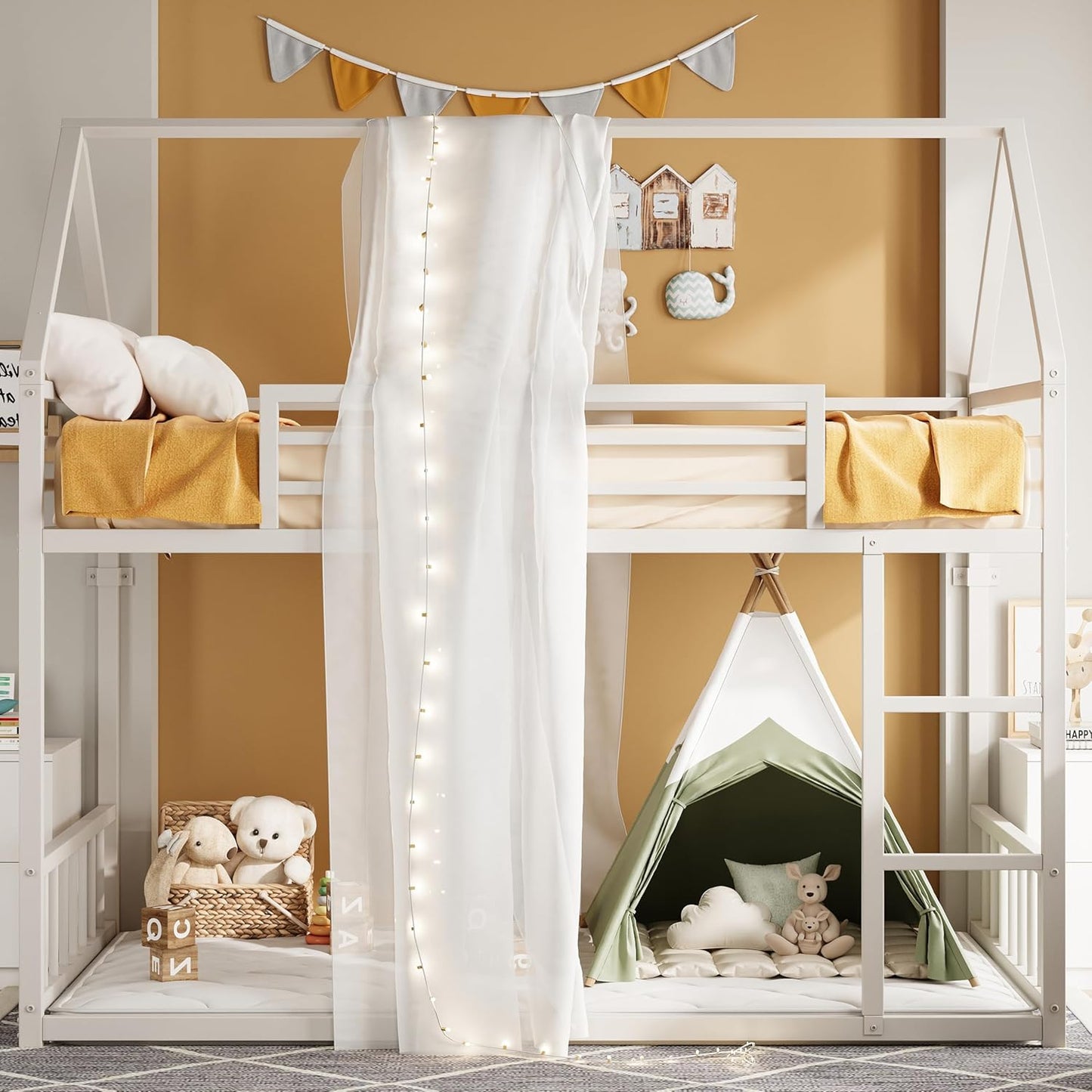 Bunk Bed Twin over Twin, House Bunk Bed Frame with Ladder and Guardrail, House Shaped with Metal Slats for Dormitory and Bedroom, Space Saving, No Box Spring Needed, White