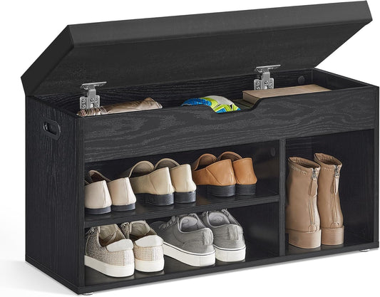 CUSTOS Collection - Storage Bench with Cushion, Shoe Bench, Padded Seat, Hidden Storage, Entryway, Hold up to 300 Lb, 11.8 X 31.5 X 17.3 Inches, Ebony Black and Ink Black ULHS030B03